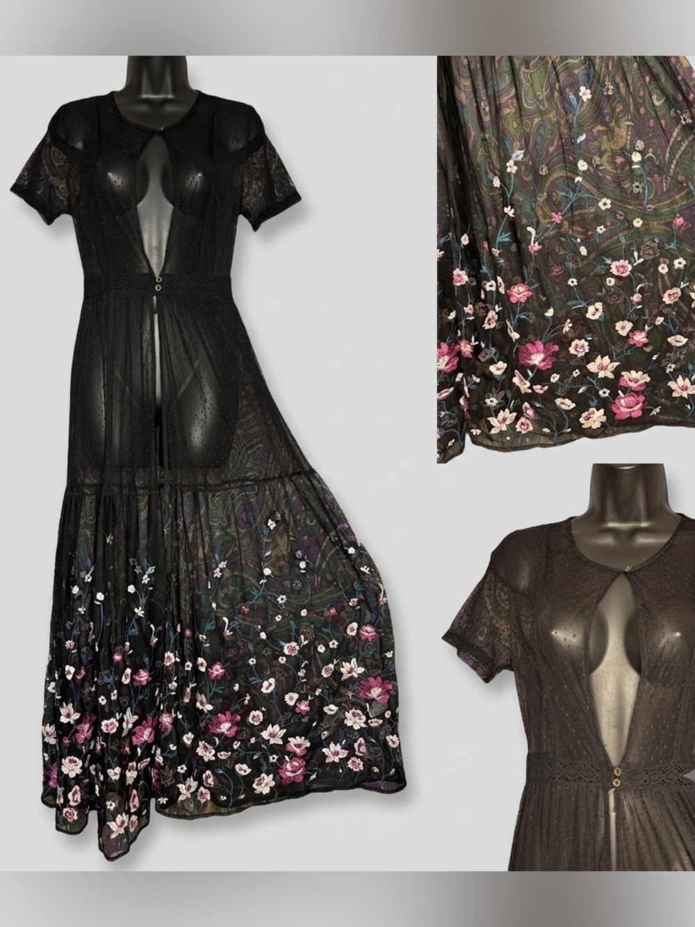 Black mesh Maxi Dress  Large Sheer Floral Embroidered Kimono Cover up - Picture 5 of 10